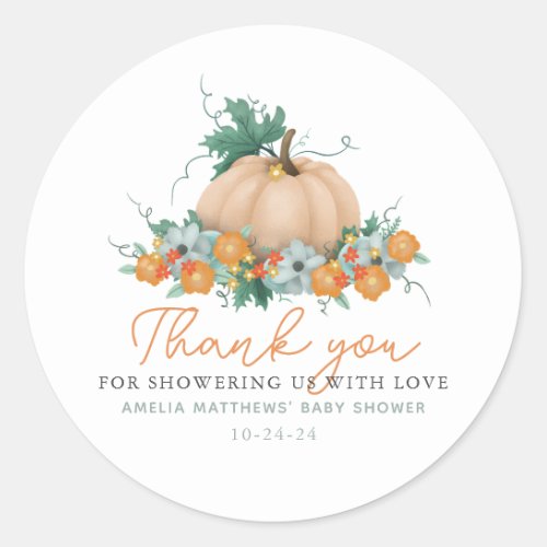 Cute Floral Pumpkin Fall Thank You Baby Shower Classic Round Sticker