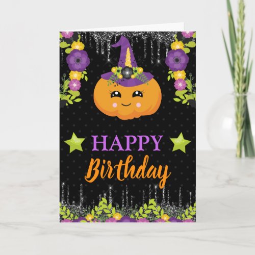 Cute Floral Pumpkin Floral Halloween Birthday Card