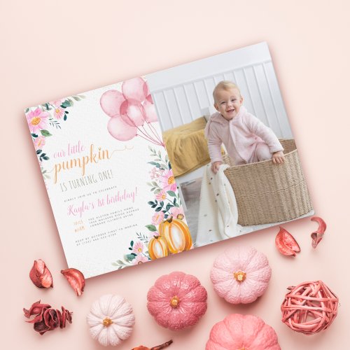 Cute Floral Pumpkin Pink Girl Birthday Party Photo Invitation