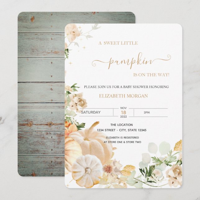 Cute Floral Pumpkins Wood Invitation (Front/Back)