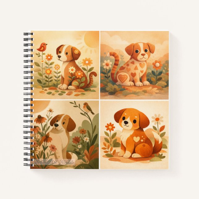 Cute Floral Puppy Garden Illustration Notebook (Front)