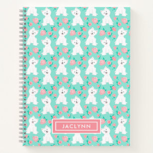 Cute Floral Puppy Pattern   Personalized   Mint Notebook