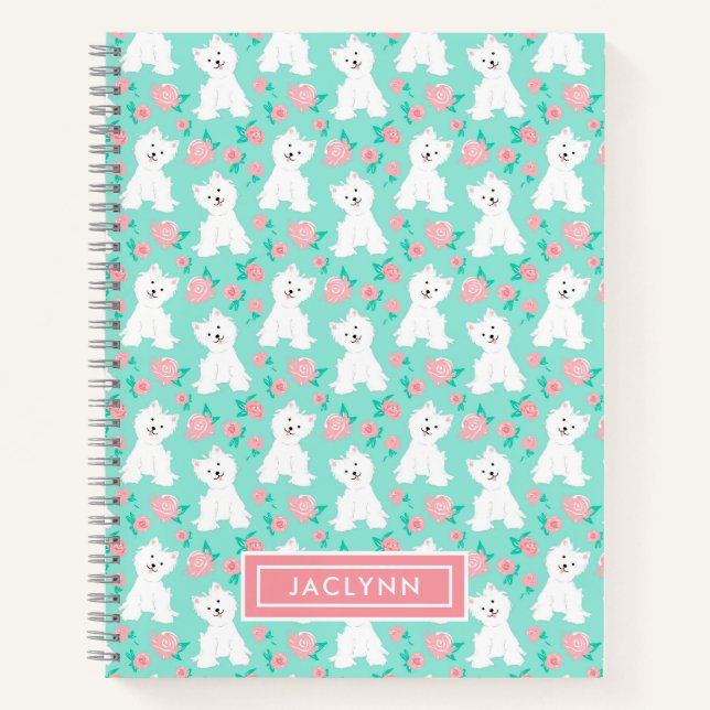Cute Floral Puppy Pattern | Personalized | Mint Notebook (Front)