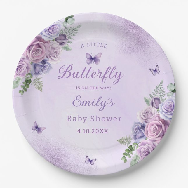 Cute Floral purple butterfly girl baby shower Paper Plates (Front)