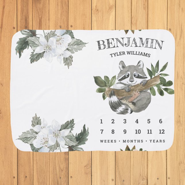 Cute Floral Raccoon Woodland Forest Milestone Baby Blanket (Creator Uploaded)