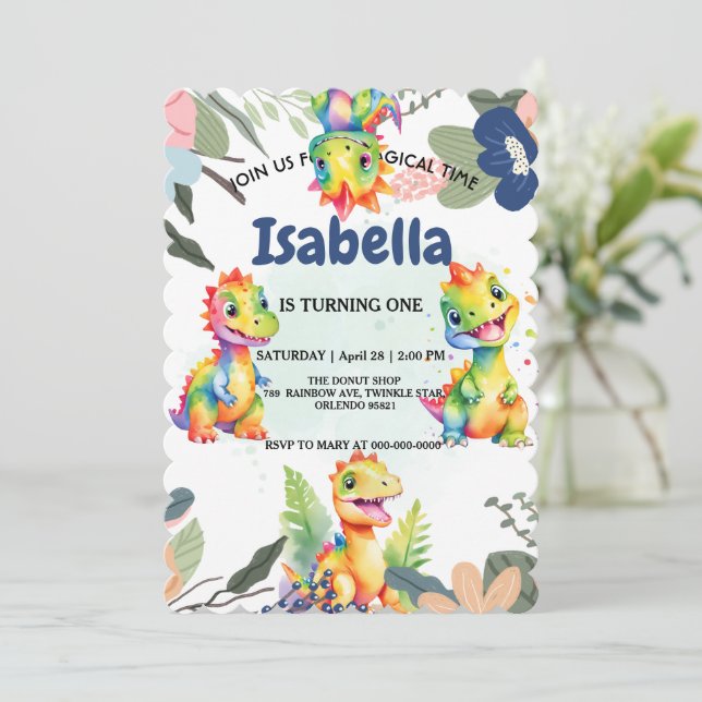 Cute Floral Rainbow Dinosaur Happy Birthday Party (Standing Front)