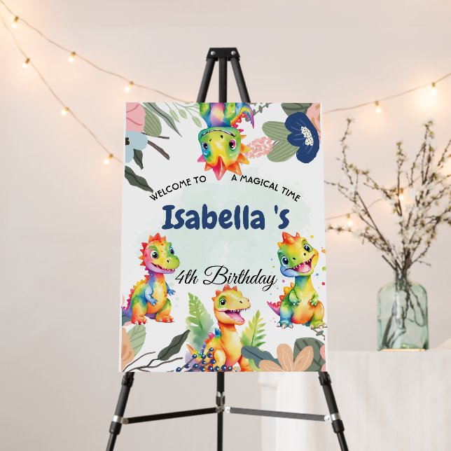 Cute Floral Rainbow Dinosaur Happy Birthday Party Foam Board (In Situ (Stand))
