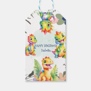 Cute Floral Rainbow Dinosaur Happy Birthday Party Gift Tags