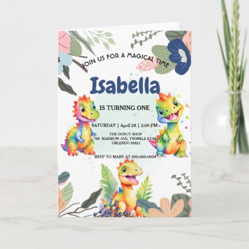 Cute Floral Rainbow Dinosaur Happy Birthday Party Invitation