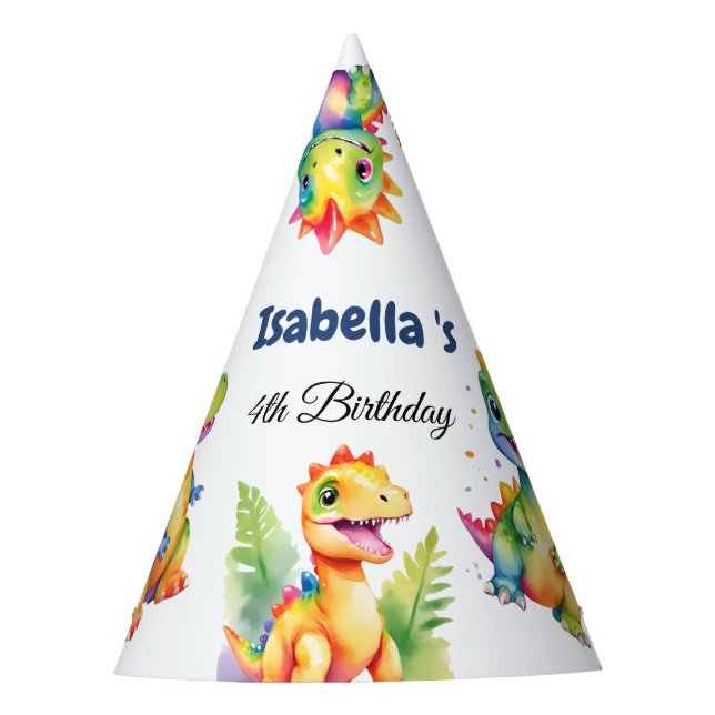 Cute Floral Rainbow Dinosaur Happy Birthday Party Party Hat (Front)