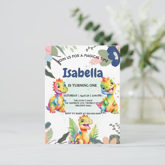 Cute Floral Rainbow Dinosaur Happy Birthday Party Postcard (Standing Front)