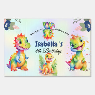 Cute Floral Rainbow Dinosaur Happy Birthday Party Sign