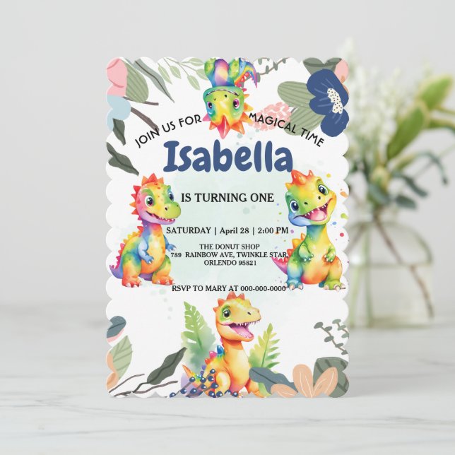 Cute Floral Rainbow Dinosaur Happy Birthday Party Thank You Card (Standing Front)