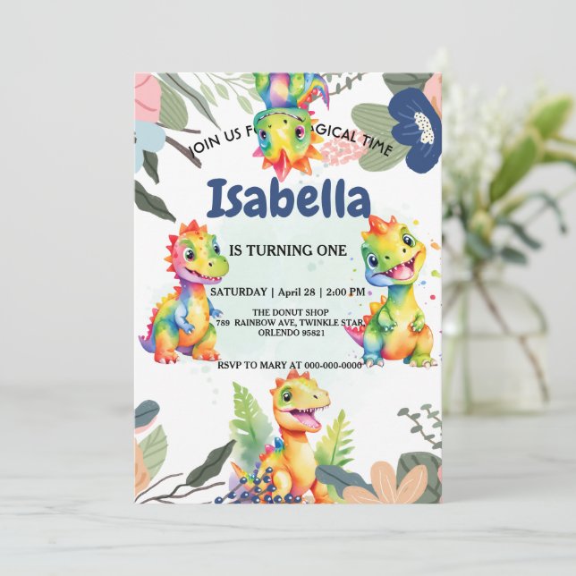 Cute Floral Rainbow Dinosaur Happy Birthday Party Thank You Card (Standing Front)
