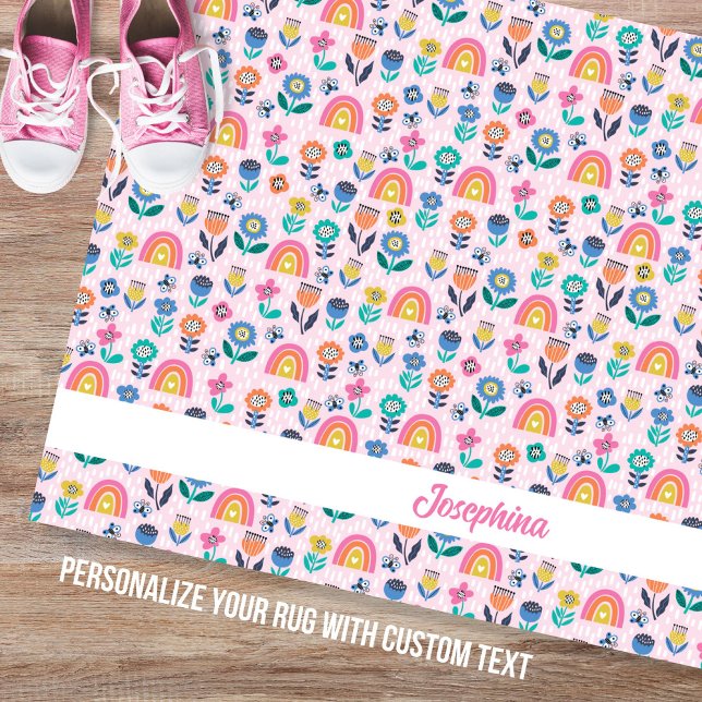 Cute Floral Rainbow Pattern Personalized Name Text Rug (Creator Uploaded)