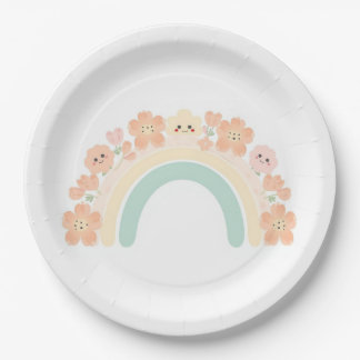 Cute Floral Rainbow Smiles Pastel Birthday Paper Plates