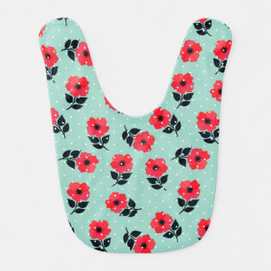 Cute Floral Red Flowers Mint Polka Dots Pattern Bib
