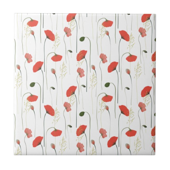 Cute Floral Red Poppy Pattern Ceramic Tile (Front)