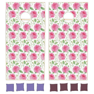 Cute, floral/rose repeating pattern cornhole set