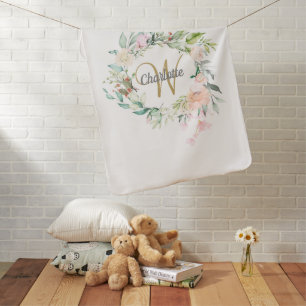 Cute Floral Roses Gold Script Monogram Baby Blanket