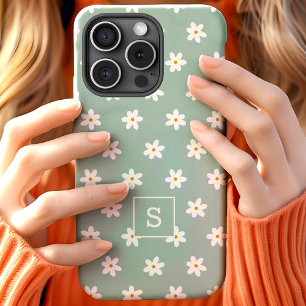 Cute Floral Sage Grass Lily Pattern Monogram iPhone 15 Case