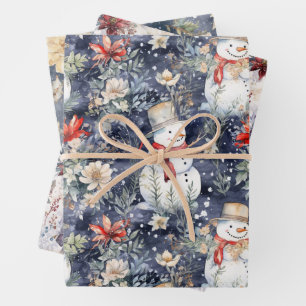 Cute Floral Scene Winter Snowmen Blue Watercolor Wrapping Paper Sheets