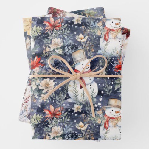 Cute Floral Scene Winter Snowmen Blue Watercolor Wrapping Paper Sheets