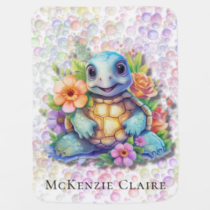 Cute Floral Sea Turtle And Bubbles Baby Nursey Blanket