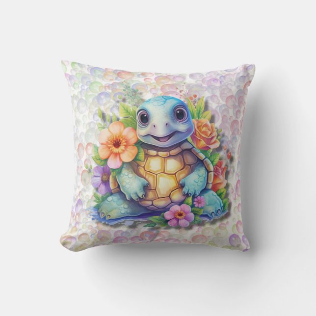 Cute Floral Sea Turtle And Bubbles Baby Nursey Throw Pillow (Front)