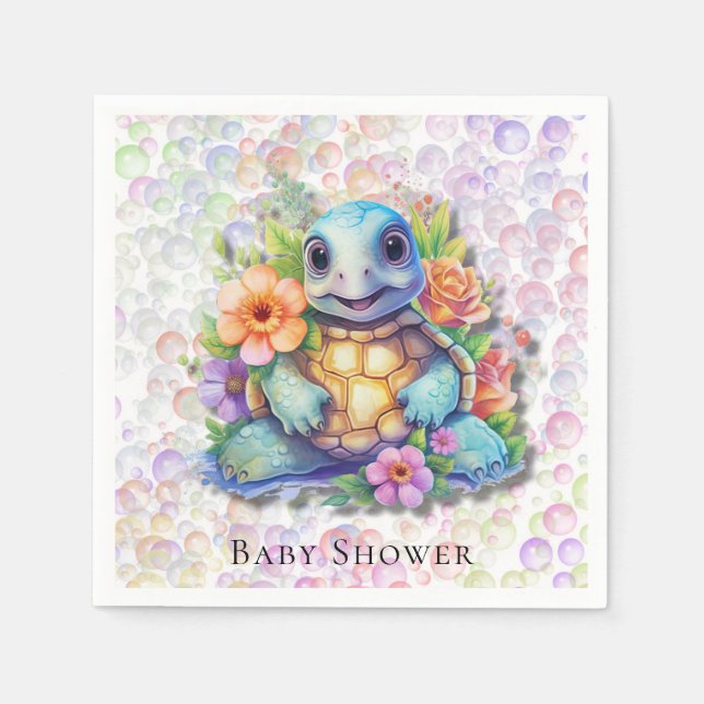 Cute Floral Sea Turtle And Bubbles Baby Shower Napkins (Front)