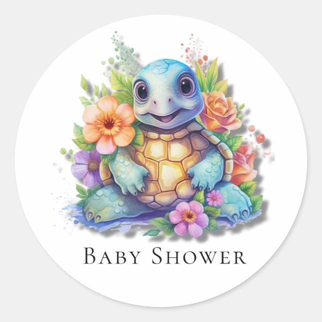 Cute Floral Sea Turtle Baby Shower Classic Round Sticker (Front)
