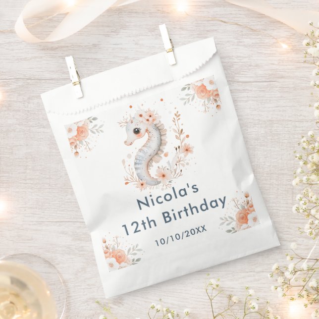 Cute Floral Seahorse Birthday Party Favor Bag (Clipped)