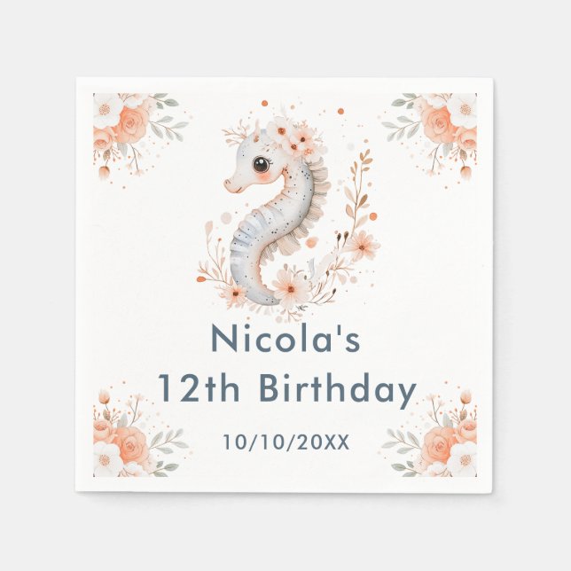 Cute Floral Seahorse Birthday Party Napkins (Front)