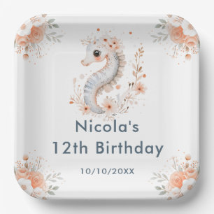 Cute Floral Seahorse Birthday Party Paper Plates