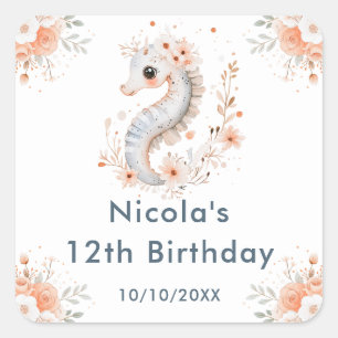 Cute Floral Seahorse Birthday Party Square Sticker