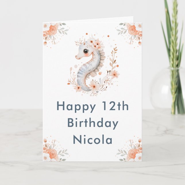 Cute Floral Seahorse Happy Birthday Card (Front)