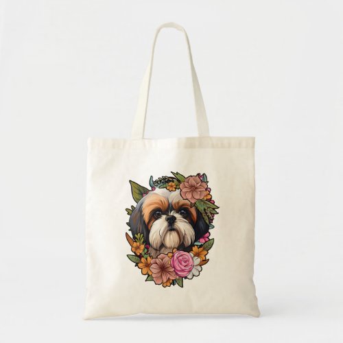 Cute Floral Shih Tzu Tote Bag