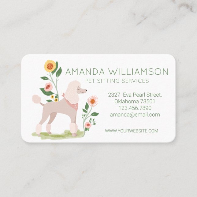Cute Floral Show Clip Poodle Dog Pet Care Services Business Card (Front)