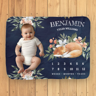 Cute Floral Sleeping Fox Woodland Forest Milestone Baby Blanket