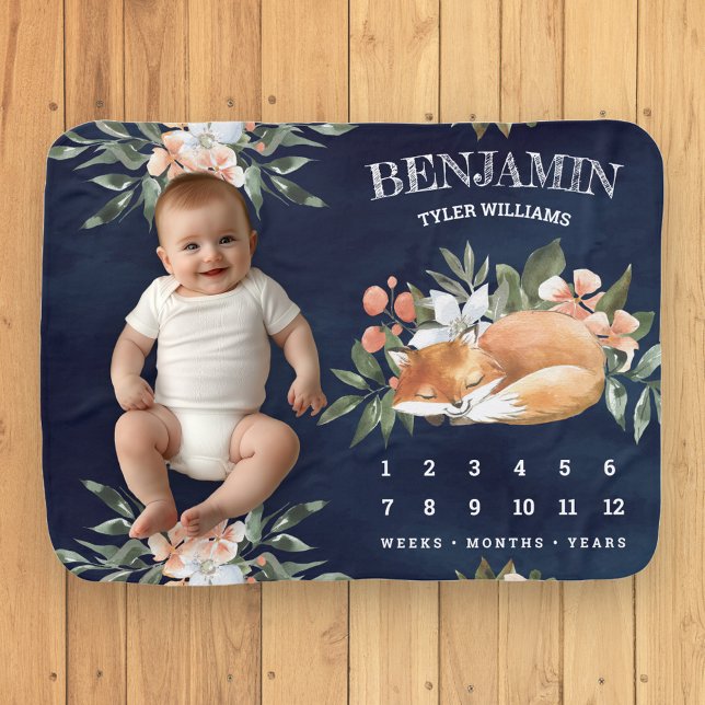 Cute Floral Sleeping Fox Woodland Forest Milestone Baby Blanket (Creator Uploaded)