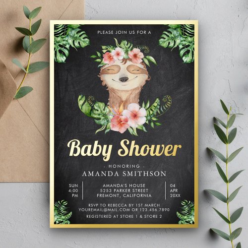 Cute Floral Sloth Girl Chalkboard Baby Shower Gold Foil Invitation