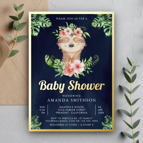 Cute Floral Sloth Girl Navy Blue Baby Shower Gold Foil Invitation