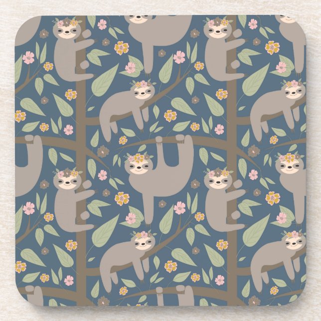 Cute Floral Sloth Pattern Beverage Coaster (Front)