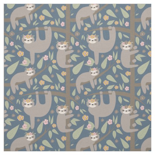 Cute Floral Sloth Pattern Fabric