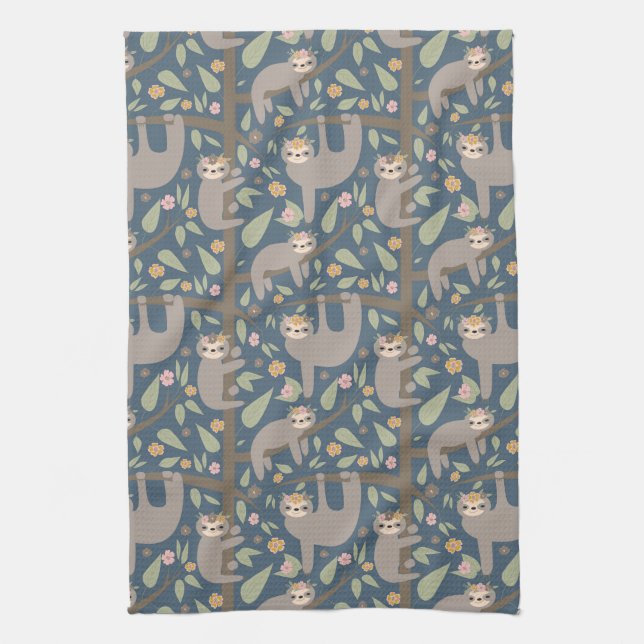 Cute Floral Sloth Pattern Kitchen Towel (Vertical)