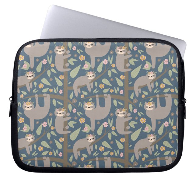 Cute Floral Sloth Pattern Laptop Sleeve (Front)