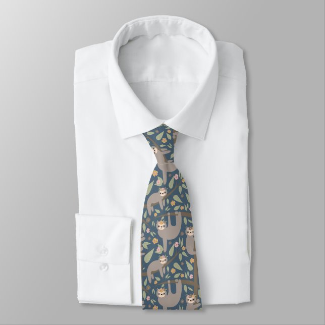 Cute Floral Sloth Pattern Neck Tie (Tied)