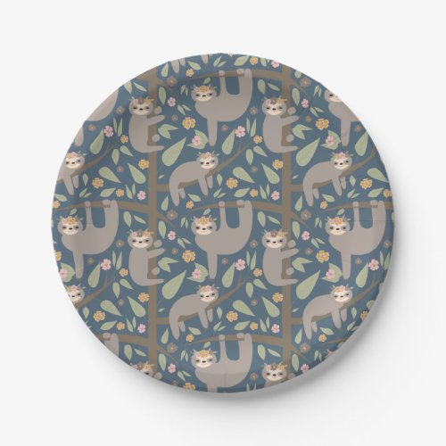 Cute Floral Sloth Pattern Paper Plates