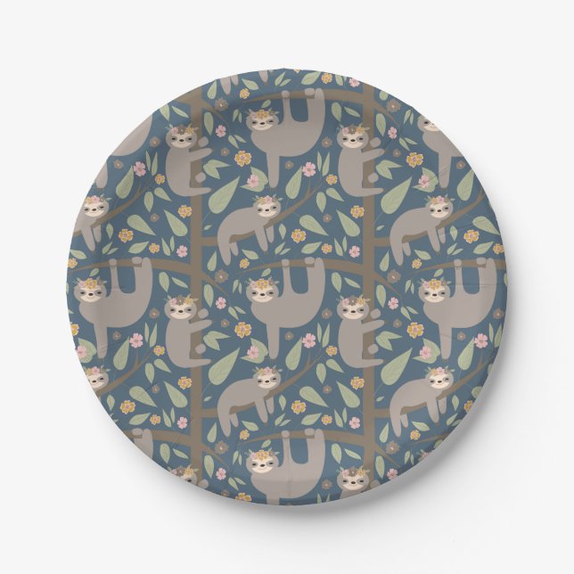 Cute Floral Sloth Pattern Paper Plates (Front)