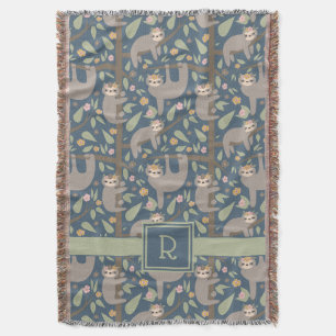 Cute Floral Sloth Pattern Throw Blanket